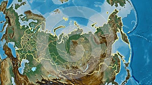 Shape of Russia with regional borders. Relief.