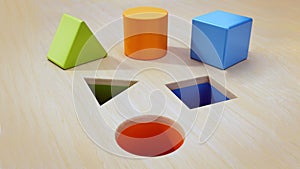 Shape sorter puzzle toy with square, circle and triangle shapes. 3D illustration photo