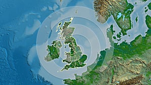 Shape of United Kingdom with regional borders. Physical.