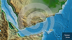 Shape of Yemen. Outlined. Physical. Labels