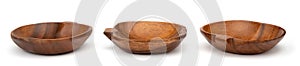 Shaped apple wooden bowls isolated on white. Set of empty wood bowls for dry fruits and nuts in collage for your design.