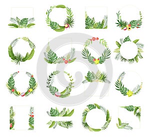 Shaped Frame with Green Tropical Leaves and Jungle Foliage Big Vector Set