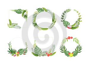 Shaped Frame with Green Tropical Leaves and Jungle Foliage Vector Set