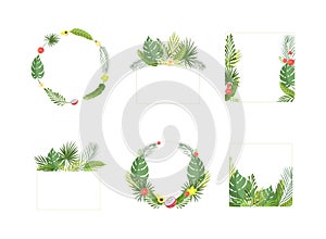 Shaped Frame with Green Tropical Leaves and Jungle Foliage Vector Set