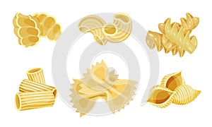 Shaped Pasta Vector Set. Uncooked Wheat Macaroni for Meal Preparation