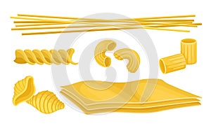 Shaped Pasta Vector Set. Uncooked Wheat Macaroni for Meal Preparation