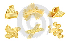 Shaped Pasta Vector Set. Uncooked Wheat Macaroni for Meal Preparation