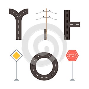 Shaped Road Intersection, Roundabout, Traffic Road Sign and Electricity Pylon as Landscape Element Vector Set