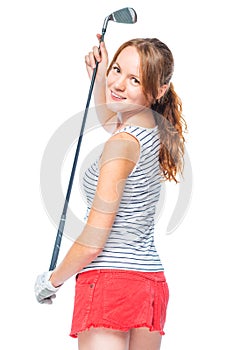 Shapely successful girl with a golf club on a white