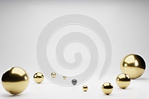 Shapes 3d abstract geometric background. Golden balls, white spheres rendering. Flying polygonal spheres in empty space