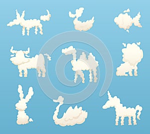 Shapes of animal clouds. Different funny cartoon clouds