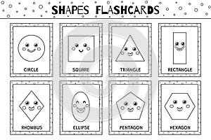 Shapes flashcards black and white collection for kids. Flash cards set