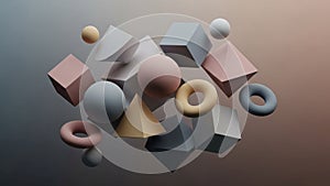 Shapes floating in a gradient background including spheres cubes