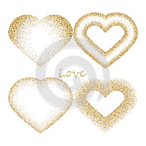 Shapes of four different hearts from golden glitter and pink scattering isolated on white. Four versions of heart logo for Valenti