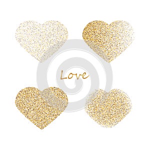 Shapes of four different hearts from golden glitter and pink scattering isolated on white. Four versions of heart logo for Valenti