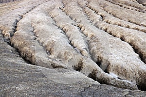 Shapes in ground formed by the mud flows at Muddy Volcanoes of Paclele Mari, near Buzau.