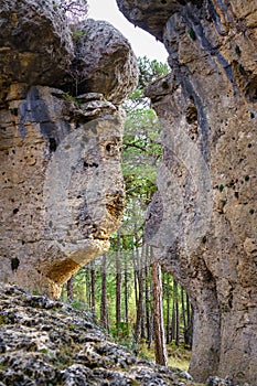 Shapes of human faces in the huge eroded rocks of the Ciudad Encantada park in Cuenca,