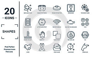 shapes linear icon set. includes thin line moon and stars, film strip with heart, engine coolant, lover, finger gun, favorite photo