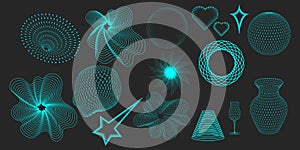 Shapes and meshes in trendy turquoise color on dark background. Abstract 3D patterns in trendy psychedelic style. Y2k.