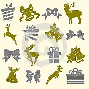 Shapes of reindeers christmas gifts and bells with bowties