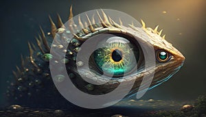 A shapeshifting creature with snakelike eyes. Fantasy art. AI generation