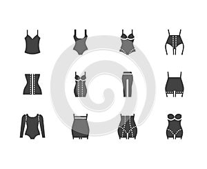 Shapewear flat glyph icons set. Corrective underwear, shaping bodysuit, thigh slimmer, leggings, waist control panties