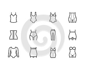 Shapewear flat line icons set. Corrective underwear, shaping bodysuit, thigh slimmer, leggings, waist control panties