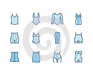 Shapewear flat line icons set. Corrective underwear, shaping bodysuit, thigh slimmer, leggings, waist control panties