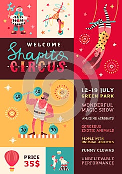 Shapito circus performance promo poster vector flat illustration. Funny clown, strongman, acrobats, trained animals