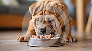 A Shar Pei carefully eating raw turkey pieces from a simple ceramic dish, with the focus on the texture of the food