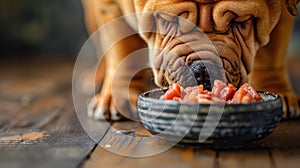 A Shar Pei carefully eating raw turkey pieces from a simple ceramic dish, with the focus on the texture of the food