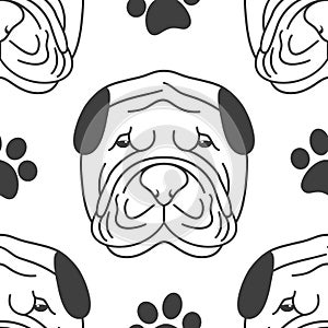 Shar Pei dog head outline seamless pattern background with paw prints. Cartoon dog puppy background. Hand drawn childish vector