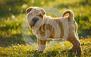 Shar Pei puppy standing on the lawn