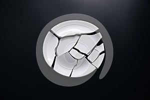 shards from a broken white plate on a black background.