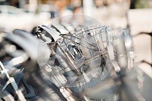 Share bike with metal rental basket, blurred background