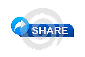 Share button in flat style on blue background. Social media. Vector stock illustration.