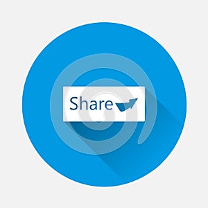 Share button icon on blue background. Flat image with long shadow