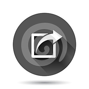 Share button icon in flat style. Arrow sign vector illustration on black round background with long shadow effect. Send file