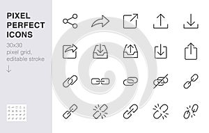 Share button line icon set. Link, broken hyperlink, download, publish, attach chain minimal vector illustrations. Simple