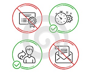 Share, Cogwheel timer and Certificate icons set. Mail newsletter sign. Vector