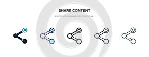 Share content icon in different style vector illustration. two colored and black share content vector icons designed in filled,