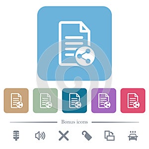 Share document flat icons on color rounded square backgrounds