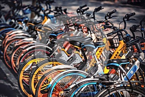 Share electric bikes parked on the sidewalk, Hangzhou