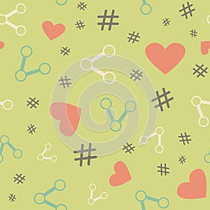 Share icon, hashtag, heart seamless vector pattern background. Retro social media infographic backdrop. Internet symbol