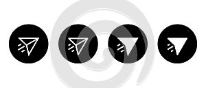 Share icon set in paper plane style on black circle. Repost social media symbol vector