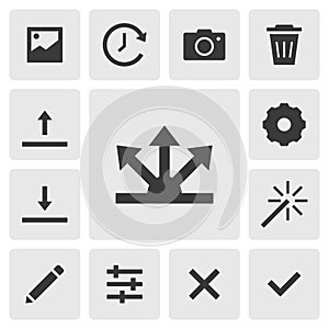 Share icon vector design. Simple set of photo editor app icons silhouette, solid black icon. Phone application icons concept