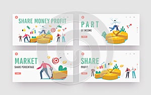 Share Money Profit Landing Page Template Set. Tiny Business Characters Stand at Huge Pie Chart Showing Partners Shares