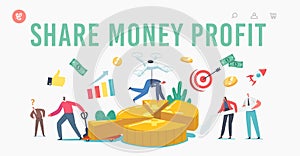 Share Money Profit Landing Page Template. Tiny Business Characters Stand at Huge Pie Chart Showing Partners Shares