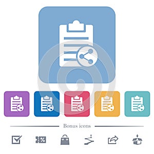 Share note flat icons on color rounded square backgrounds