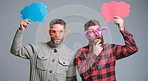 Share opinion speech bubble copy space. Comic and humor sense. Men with beard and mustache mature hipster wear funny